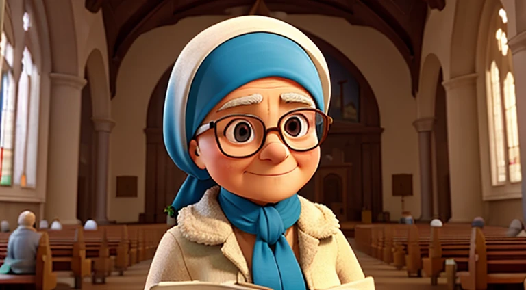 work of art, best qualityer, inside the church of an old woman with glasses and a headscarf, focusing on the banks