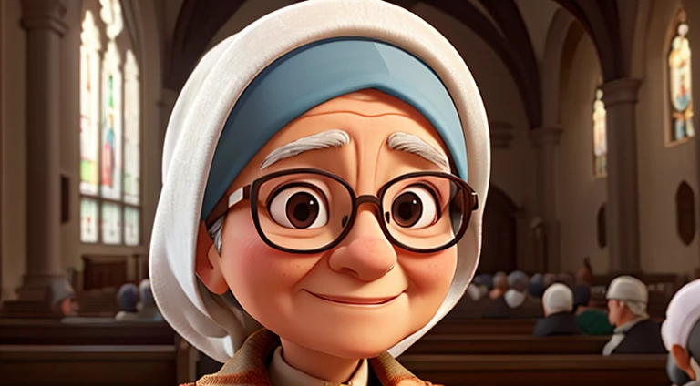 work of art, best qualityer, inside the church of an old woman with glasses and a headscarf, focusing on the banks