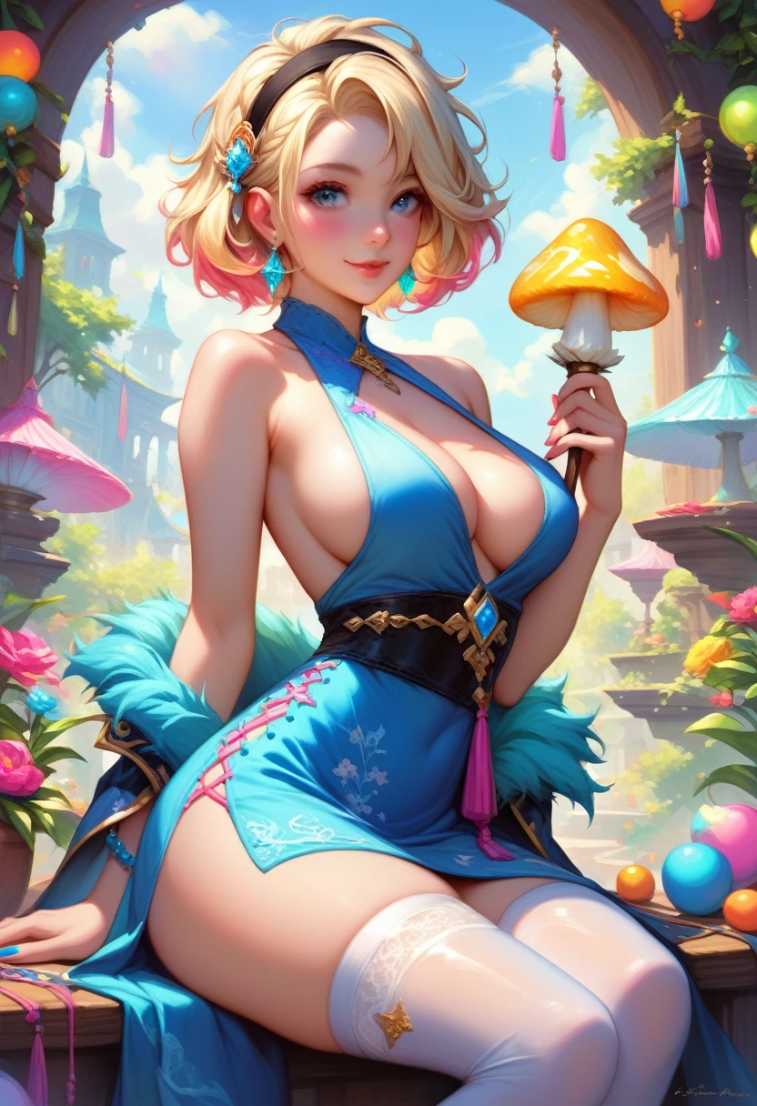 a beautiful 20 year old blonde woman with big messy hair in a short blue dress, white stockings, a thin black hairband, cleavage, holding a glowing mushroom, sitting on a giant glowing mushroom, side shot, sideboob, fantasy art style, cartoon vibrant, cute detailed digital art, colorful digital fantasy art, digital fantasy art ), glossy digital painting, pastel vibrant