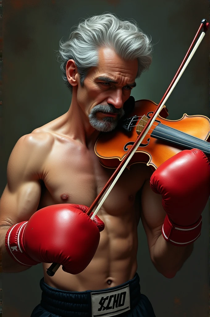A boxer with gray hair and mustache, He has red boxing gloves and tries to play a violin but can't because of the gloves..