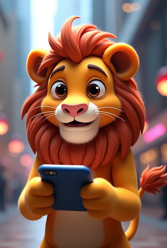 An animated lion buys online from his cell phone