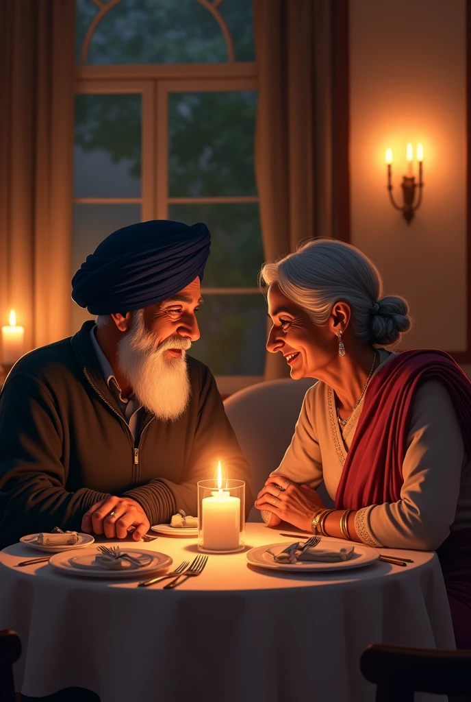 Illustrate a romantic scene where an elderly Sikh man (Sardar) and his wife (Sardarni) are seated at a fine dining restaurant for a candlelit dinner. They are sitting across from each other at a beautifully set table, with the soft glow of candlelight illuminating their faces. The couple is gazing into each other’s eyes, expressing their love and affection silently through their eyes. The atmosphere is warm and intimate, with elegant surroundings, soft lighting, and a cinematic feel, capturing the enduring love between the two.