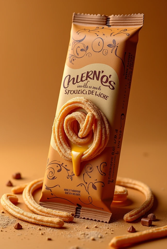 Com base na barra de chocolate Hershey's ao leite, create packaging in the same format as this product's packaging, but common churros with dulce de leche