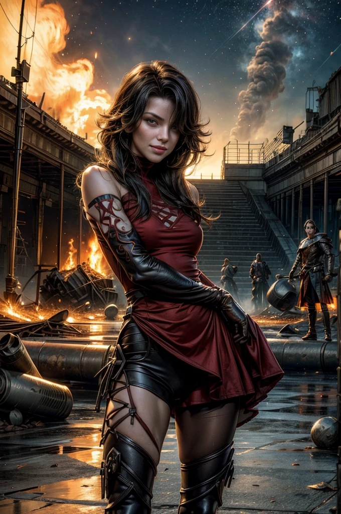 (masterpiece, best quality:1.2), cowboy shot, solo, 1girl, cinder fall, looking at viewer, long hair, red dress, elbow gloves, pantyhose, dynamic pose, standing holding flames, inside ancient wrecked stadium, burst water pipe, rubble, bonfires, crowd, night, stars, evil smile, post-apocalypse, dystopian future crowd, (volumetric lighting), sharp focus, hyper detailed