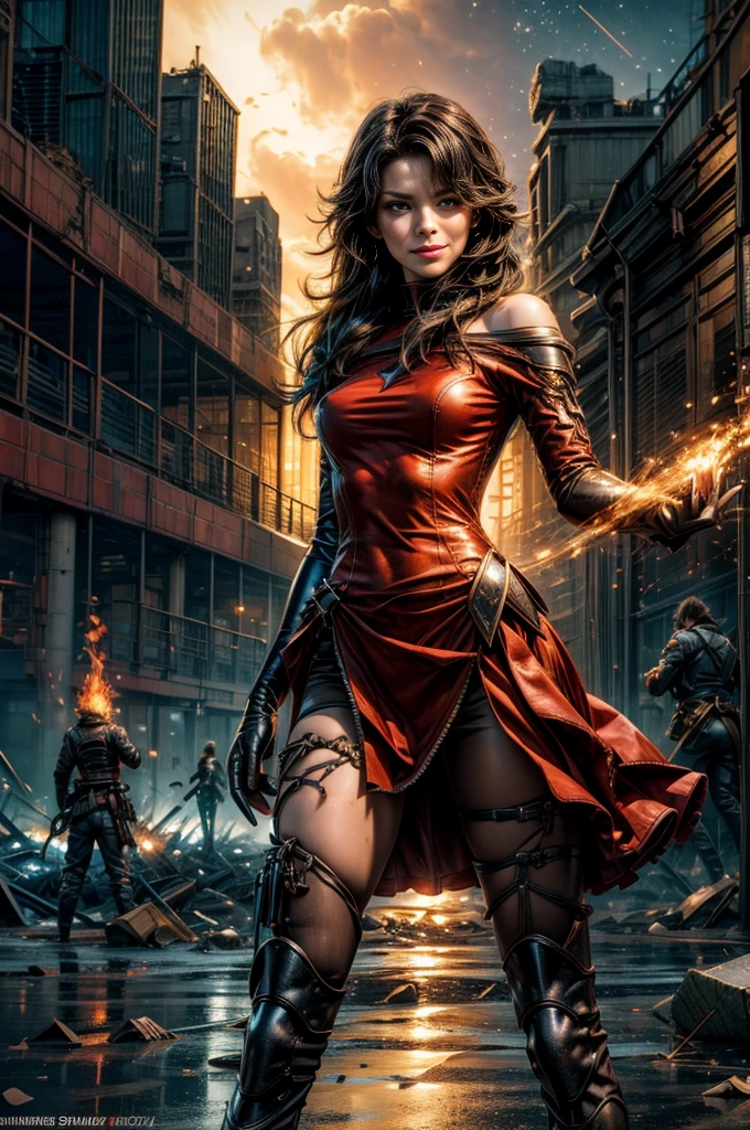 (masterpiece, best quality:1.2), cowboy shot, solo, 1girl, cinder fall, looking at viewer, long hair, red dress, elbow gloves, pantyhose, dynamic pose, standing holding flames, inside ancient wrecked stadium, burst water pipe, rubble, bonfires, crowd, night, stars, evil smile, post-apocalypse, dystopian future crowd, (volumetric lighting), sharp focus, hyper detailed
