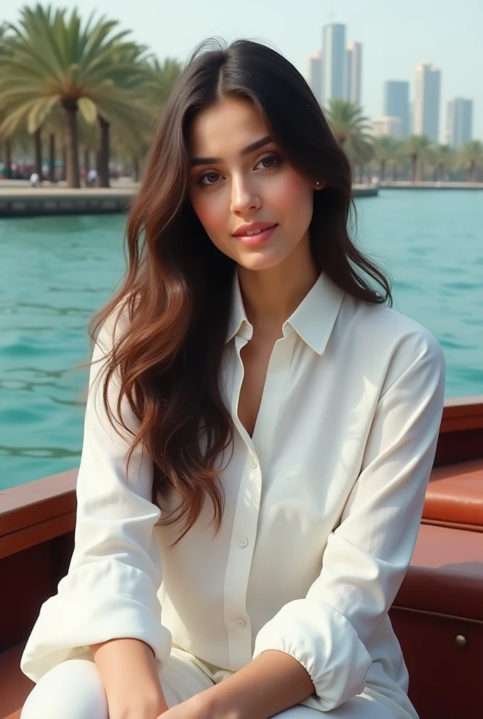 a wanna a realistic picture of human girl who is exact replica of ayeza khan having dimples and fair skin wearing paint and white full shirt with neck she is in boat in palm jumaira dubai ,full picture,full paint and shoes ,boat are full shown more pictures