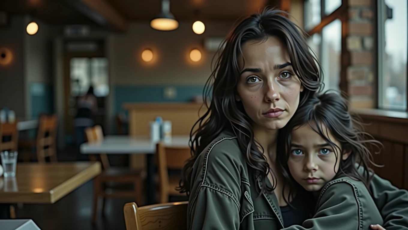 Real professional photography of two people as the main subjects of the photo, an adult woman and her 8-year-old daughter. They have vibrant blue eyes and long black hair, but it's a bit messy. Both should have beautiful, well-defined but slightly dirty faces and should be looking directly at the camera with serious, introspective expressions, conveying a sense of sadness and vulnerability. They are sitting together at a table in a restaurant, with the mother having a protective arm around her daughter's shoulders. They are wearing simple, worn-out clothes in dark, neutral tones. The background is blurred, showing what appears to be the interior of a restaurant at dusk and points of light in a bokeh effect. There is still natural light outside contrasting with the artificial light inside. The photograph should capture extreme detail, with a high-quality rendering in 8k, with professional photographic quality and attention to detail that conveys the realism of a restaurant.