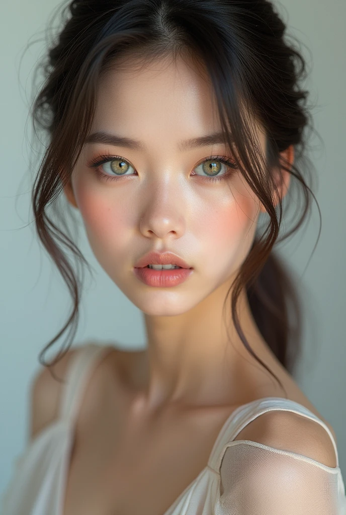 Generate an image of a beautiful woman with light eyes and straight hair