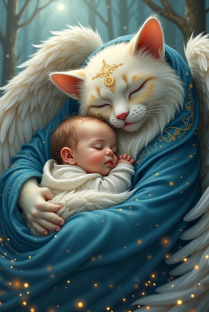cute, charming sleeping baby in the arms of a huge sleeping cat with heavenly wings, sapphire cloak with stars, stream of sparks of magical light, runes on the forehead, water, forest, fairy tale, fantasy, hyperrealism, body curve, nobility, kindness, watercolor, blue, blue, sapphire, pastel colors, glare, glow, streams of sparks, 3D Fantasy, haze, fog, fantastic, hyperdetail, photo, high detail, backlight, ultra-realistic, art-eklerika, depth of field for everything, HDR, work of art.