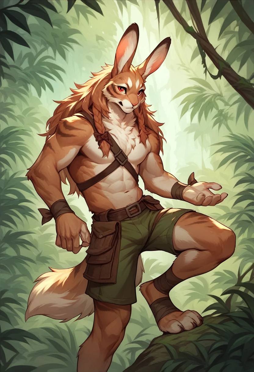 Male bunny, lean body, white fur, long hair, whole body, pose, red eyes, bow in hands, long legs, fluffy tail, in the clothes of a jungle hunter