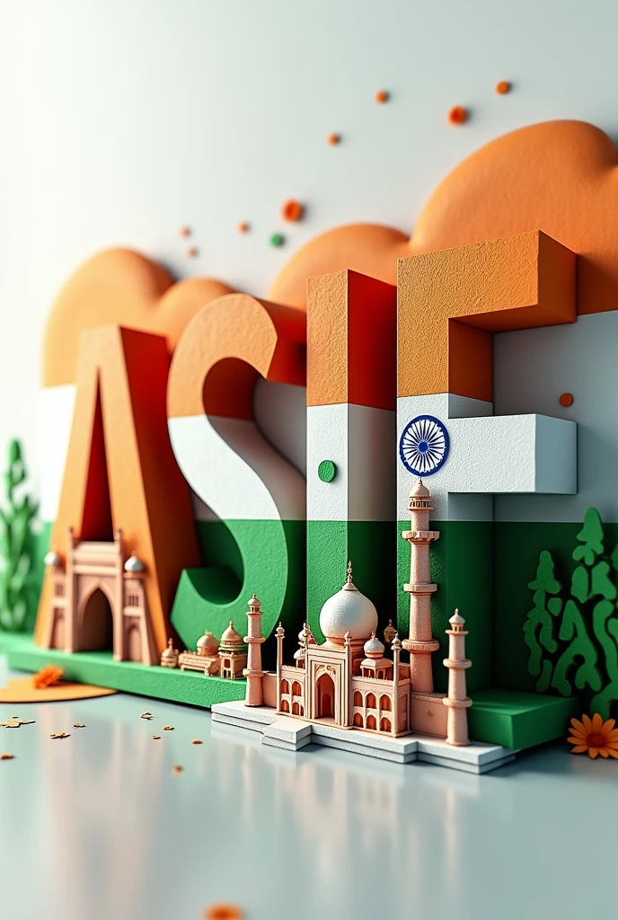 Generate several AI 3D image of my alphabetical name "ASIF" Using the three colours of indian flag along with ashoka chakra and the alphabets of the name must be designed with famous monuments / architecture of india like taj mahal, red fort etc