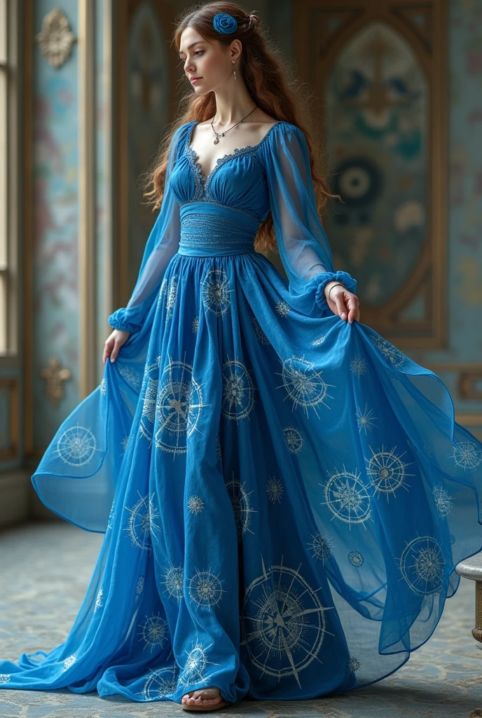 Blue fantasy dress with compass themed print