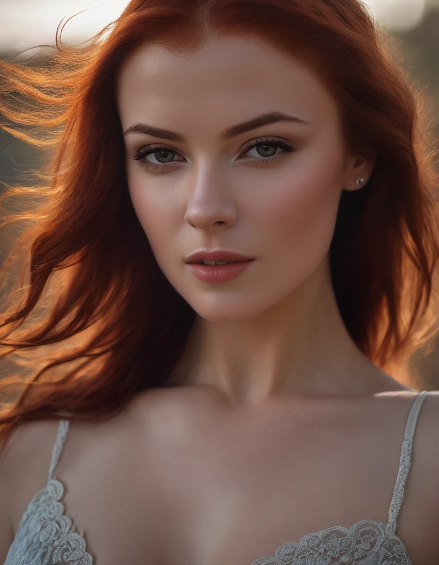 irina_meier, red hair, portrait, realistic,, ((sharp face, detailed face, realistic face, naturtal skin, realistic skin, detailed skin, pores, detailed eyes,realistic eyes)), huge breasts, cleavage,