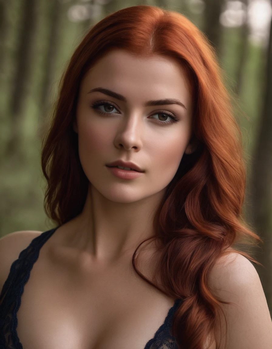 irina_meier, red hair, portrait, realistic,, ((sharp face, detailed face, realistic face, naturtal skin, realistic skin, detailed skin, pores, detailed eyes,realistic eyes)), huge breasts, cleavage,