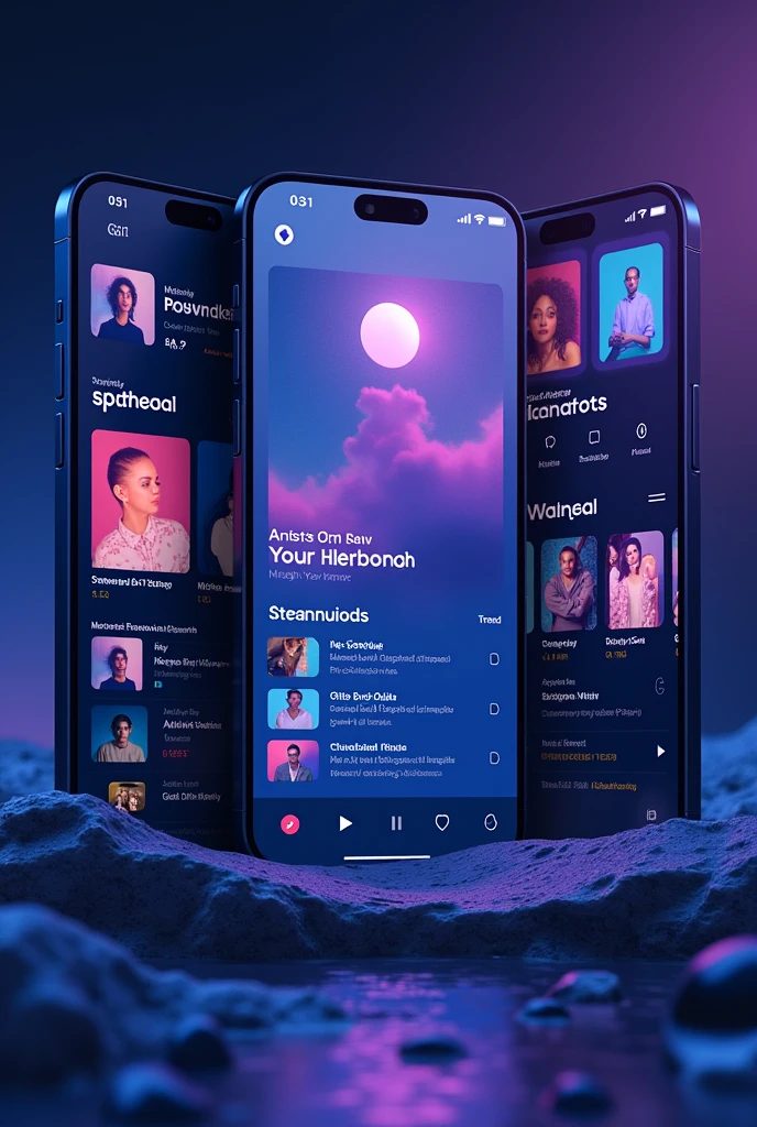 Design a music app page with a theme focused on [content], where the main colors are blue and purple.
