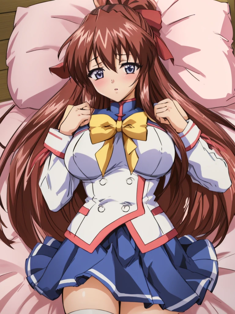(Anime artwork, Anime Style, Studio Anime, Very detailed, Latest, Vibrant, Anime Coloring Book, High Contrast, masterpiece:1.2, Highest quality, Best aesthetics), (Beautiful and detailed:1.2),Aoikan, 1 person, Hair Ribbon, school uniform, Long sleeve, bow tie, Blue Skirt,Big Breasts、Nipples、 blush, Lips parted, liar, On the bed,Lie, ((A man rubs her chest from behind)),Pink Good, From above, Skirt Lift, No pants,White knee socks,Asymmetrical bangs, Perfect Proportions, Skin with attention to detail, cute, Detailed face,