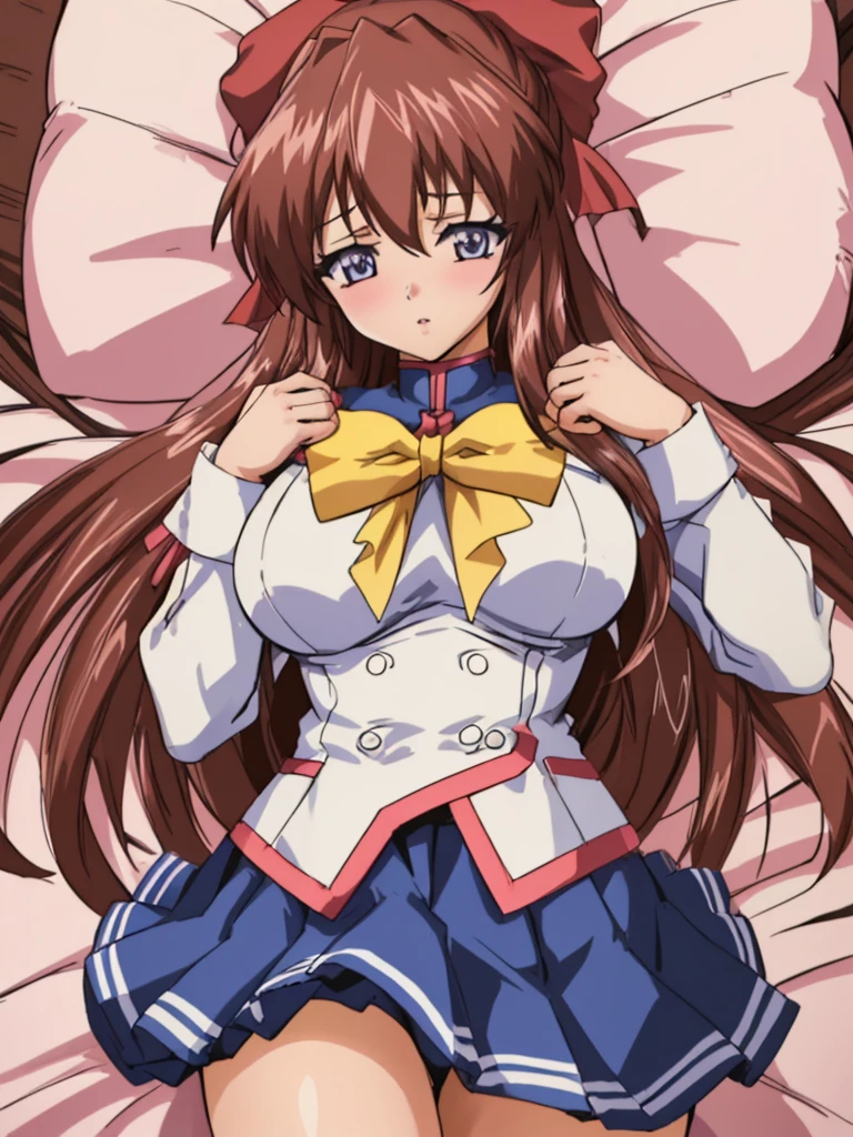 (Anime artwork, Anime Style, Studio Anime, Very detailed, Latest, Vibrant, Anime Coloring Book, High Contrast, masterpiece:1.2, Highest quality, Best aesthetics), (Beautiful and detailed:1.2),Aoikan, 1 person, Hair Ribbon, school uniform, Long sleeve, bow tie, Blue Skirt,Big Breasts、Nipples、 blush, Lips parted, liar,  On the bed,Lie, ((A man rubs her chest from behind)),Pink Good, From above, Skirt Lift, No pants,White knee socks,Asymmetrical bangs, Perfect Proportions, Skin with attention to detail, cute, Detailed face,