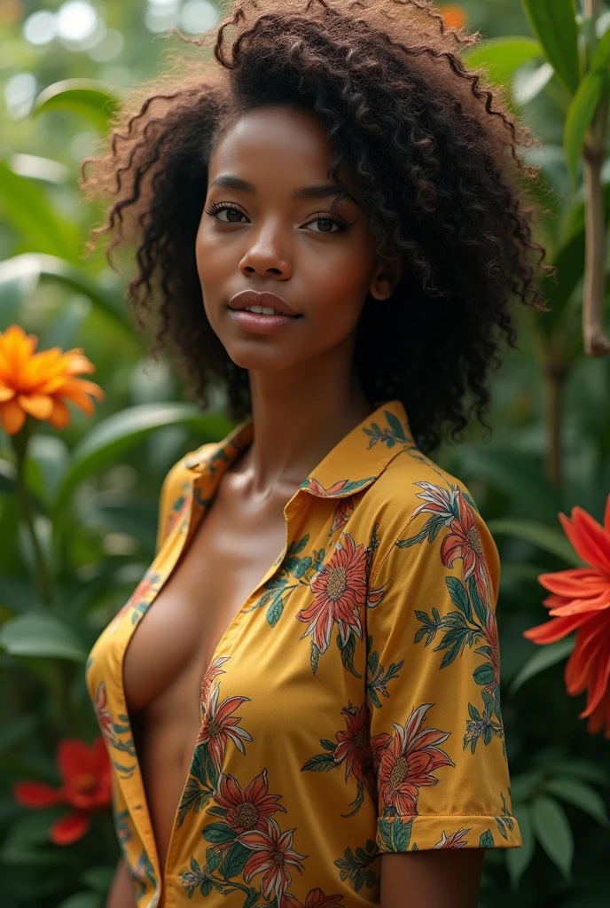 A Brazilian woman in a lush tropical garden, wearing an open shirt with a floral print, with a close-up capturing the harmonious beauty between her breasts and the natural flowers, showing off your natural charm and outgoing personality.