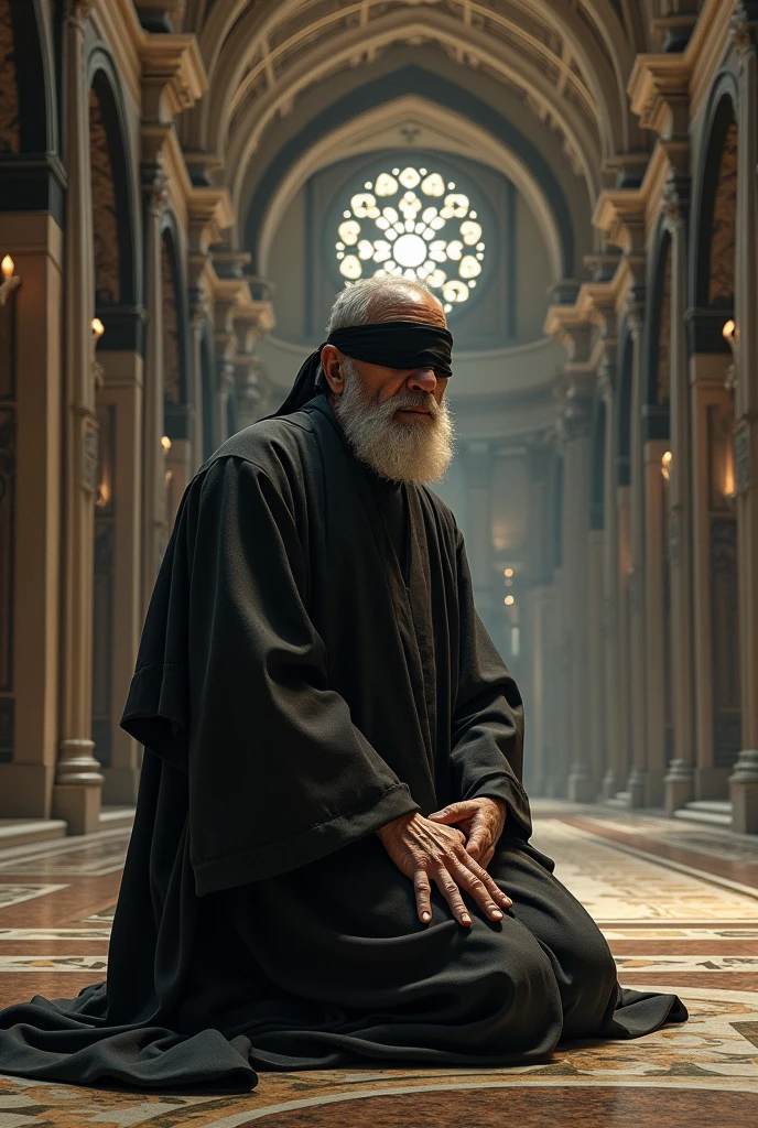 (photorealism:1.2), old priest, blindhold on eyes, big, roman church, on knees