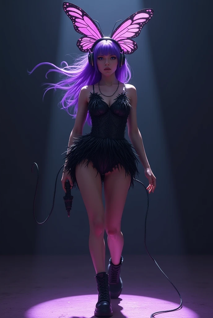 Korean purple hair butterfly woman with headphone short feather outfit in black show short show outfit holding microphone