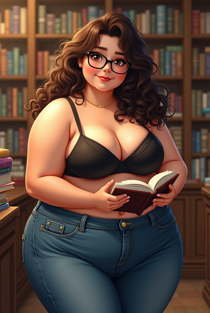 ((High resolution)), masterpiece, high quality, Best Quality, beautiful, perfect lighting, Detailed face, ultra cute face, ((1 girl)), Whole body, nervous smile, looking at the viewer, split in the skin, dark brown curly hair, fluffy hair, brown eyes and glasses, jeans, in bra, tight clothes, Whole body, Bookshop, big breasts, neckline, ((Wide hips)), ((thick thighs)), chubby girl, chubby belly, reading a book, Looking over glasses.