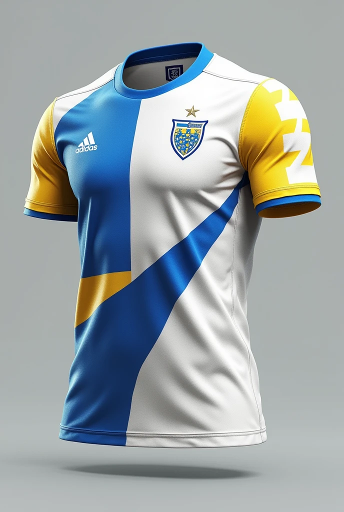 A soccer jersey with the colors White, blue and yellow (screen printed)