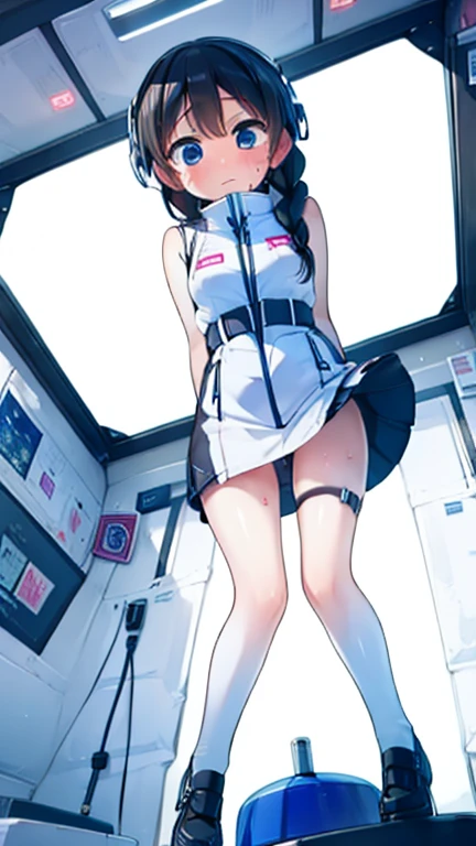 (Highest quality), (masterpiece), 1080P, High resolution, 4K, 8k, Inside the space station、Futuristic room、Thigh straps, Shooting from directly below, The woman on top of me, 白いSweat, Covered , Sweat, Woman looking down, Skirt swimsuit, Thigh-high socks, To achieve this, , , whole body, Black leather shoes, Braided hair, Inner Color, Embarrassed face, Short black hair, bracelet, Bedroom,celestial body_Vest
