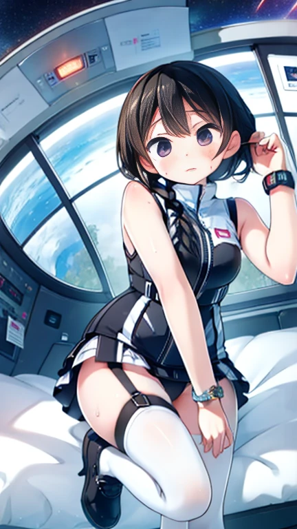 (Highest quality), (masterpiece), 1080P, High resolution, 4K, 8k, Inside the space station、Futuristic room、Thigh straps, Shooting from directly below, The woman on top of me, 白いSweat, Covered , Sweat, Woman looking down, Skirt swimsuit, Thigh-high socks, To achieve this, , , whole body, Black leather shoes, Braided hair, Inner Color, Embarrassed face, Short black hair, bracelet, Bedroom,celestial body_Vest
