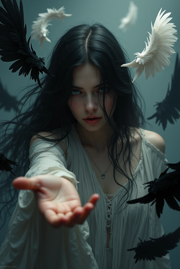 Outstretched hand, long hair, teary eyes, white feathers, black feathers, dark background