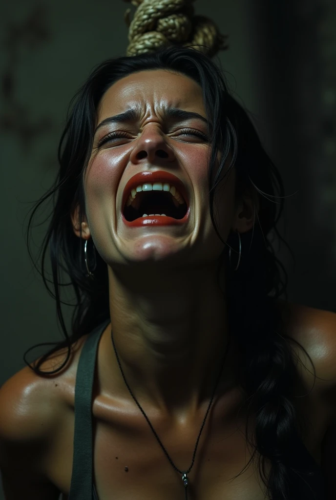 Lara croft hanged to death in the gallows , mouth agape, unconscious , rope on neck , death scene, close up, painful expression , noose, wounded, rope necklace