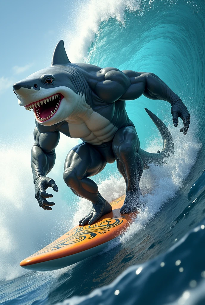 muscular shark surfing smiling with sharp teeth