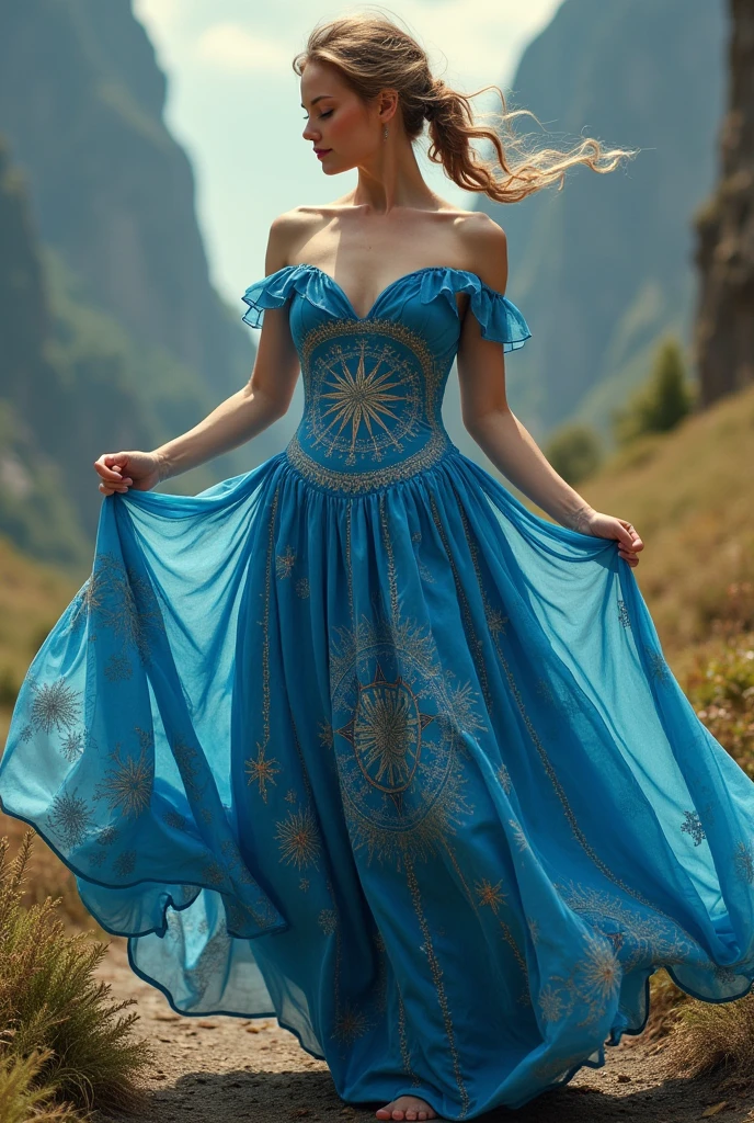 Blue fancy dress with compass-themed print on the chest