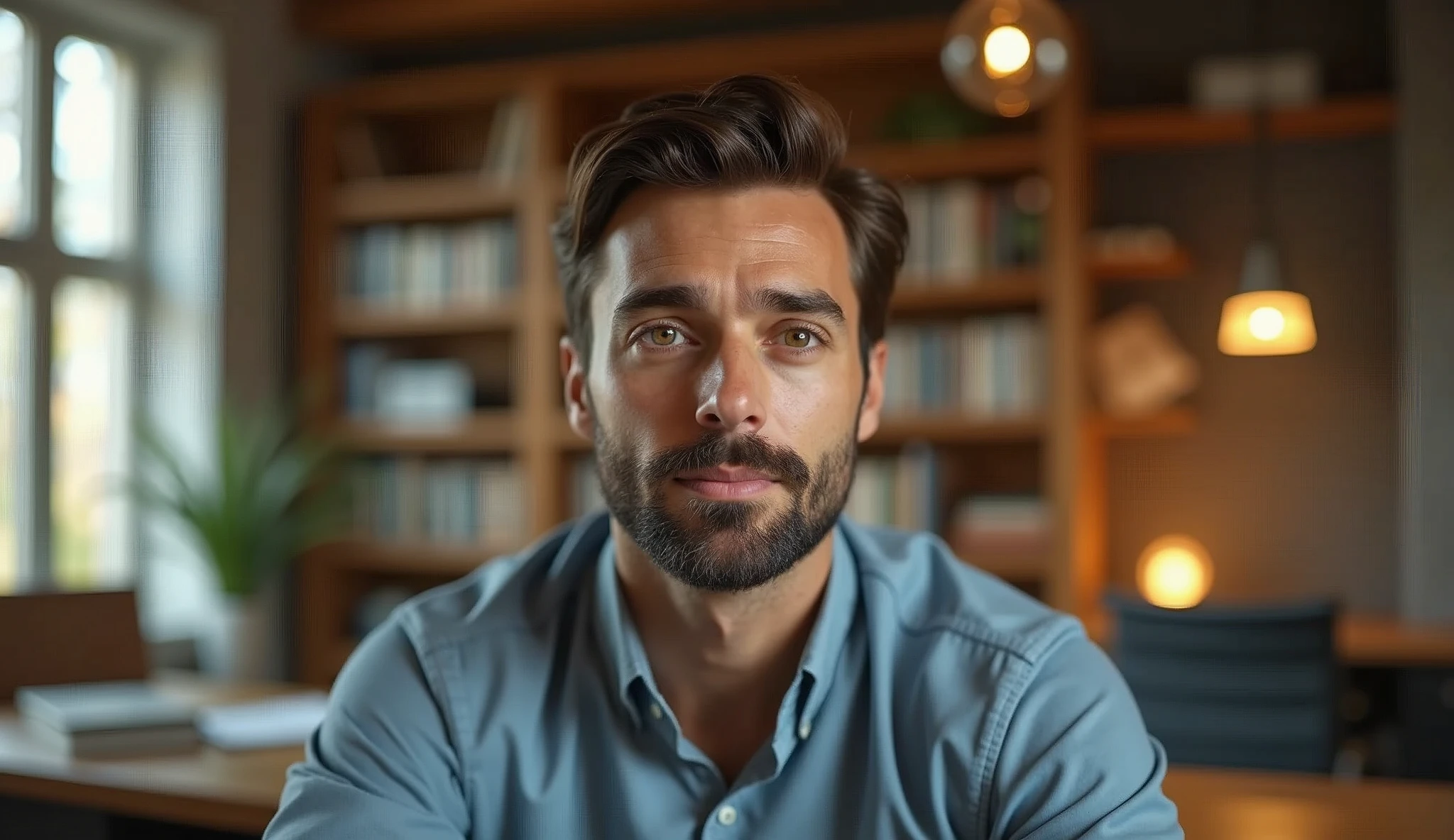 Portrait of a 35-year-old adult man with a youthful appearance, with himself as the main subject. He is in an indoor environment, suggesting an office. The man should be looking directly at the camera with a serious, thoughtful expression. He should have short, slightly wavy dark brown hair and a sparse beard evenly distributed across his face. The lighting should be natural, soft and from the side, evenly illuminating the man's face and creating subtle shadows. The blurred background should be an office, adding depth to the image. Items such as a desk, chairs, bookshelf, books, lamps and office objects should be present, but blurred so as not to distract the man's attention. Use a warm, natural color palette, with wood tones and soft, natural lighting, creating a welcoming, professional atmosphere. The photograph should capture extreme detail, with a high-quality rendering in 8k, with professional photographic quality. The image must be high resolution with attention to detail and realism.