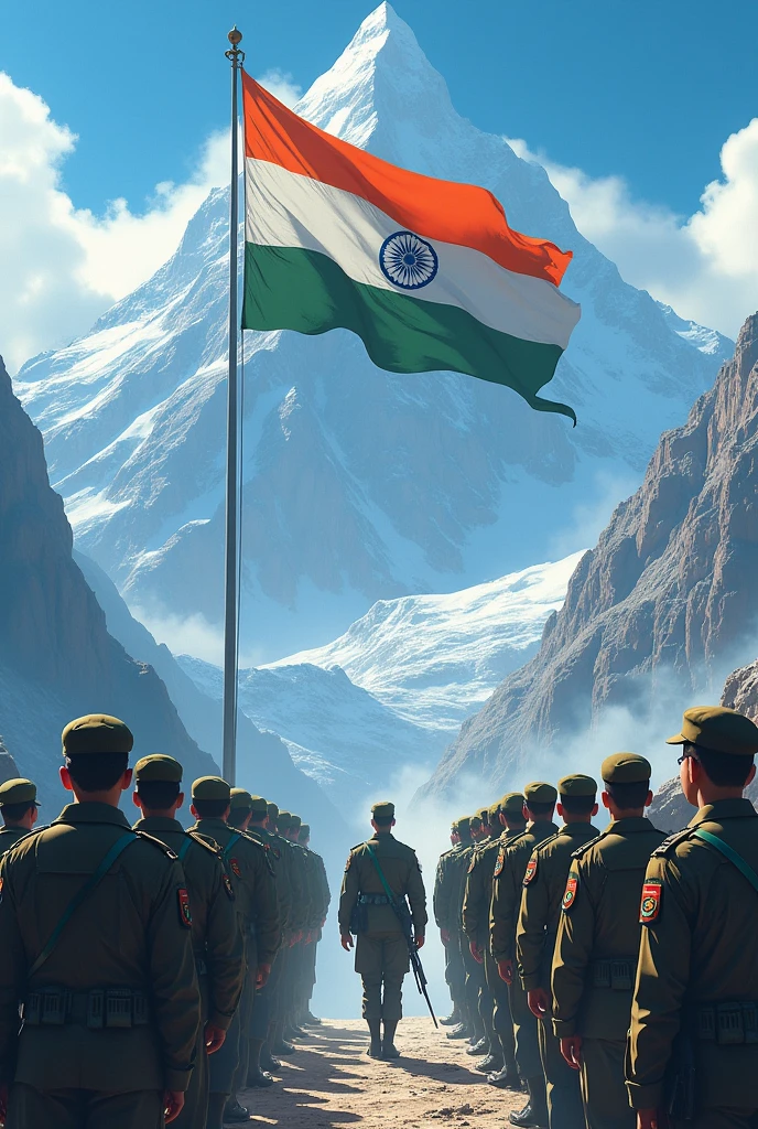A battalion of indian soldier animie standing with giving respect to indian national flag in mountains with 9:16 aspect ratio photo
