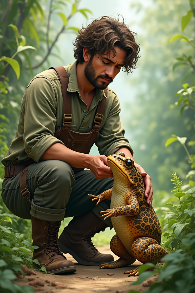 An agroecological technician taming a very ugly toad
