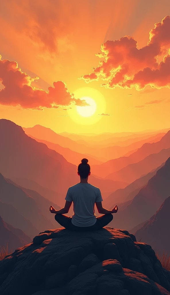 A person meditating on a mountaintop during sunset, with warm, golden light illuminating the scene, symbolizing the power of positive thinking, Illustration drawing Stoicism