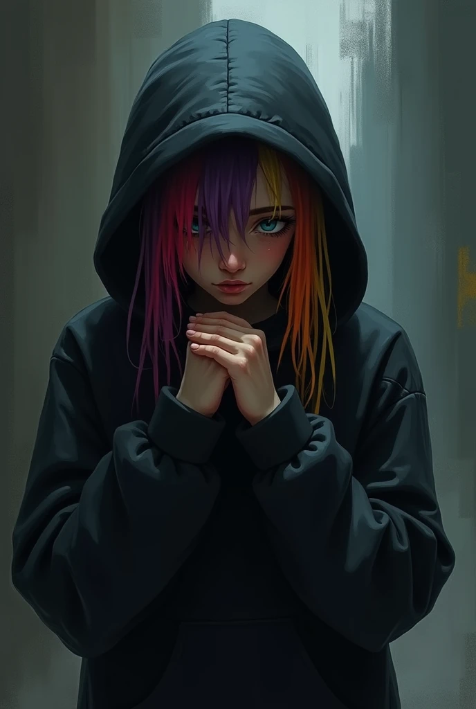 hoodie black hiding from people, hair tie dye color, wants to be safe , facing demons,people laughing at you , hair is in face