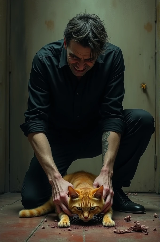 Ek creepy man jisne black shirt and pent pehni h wo ginger cat ko lat maryw huye