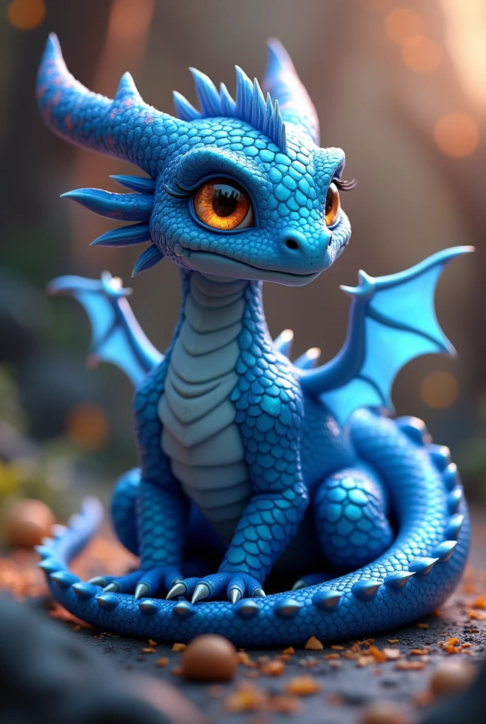 Adult Blue Dragon, detailed scales, iridescent blue scales, glowing eyes, sharp teeth, claws, small wings, curled body, sleeping, adorable, magical creature, fantasy art, digital painting, highly detailed, 8k, photorealistic, cinematic lighting, warm color palette