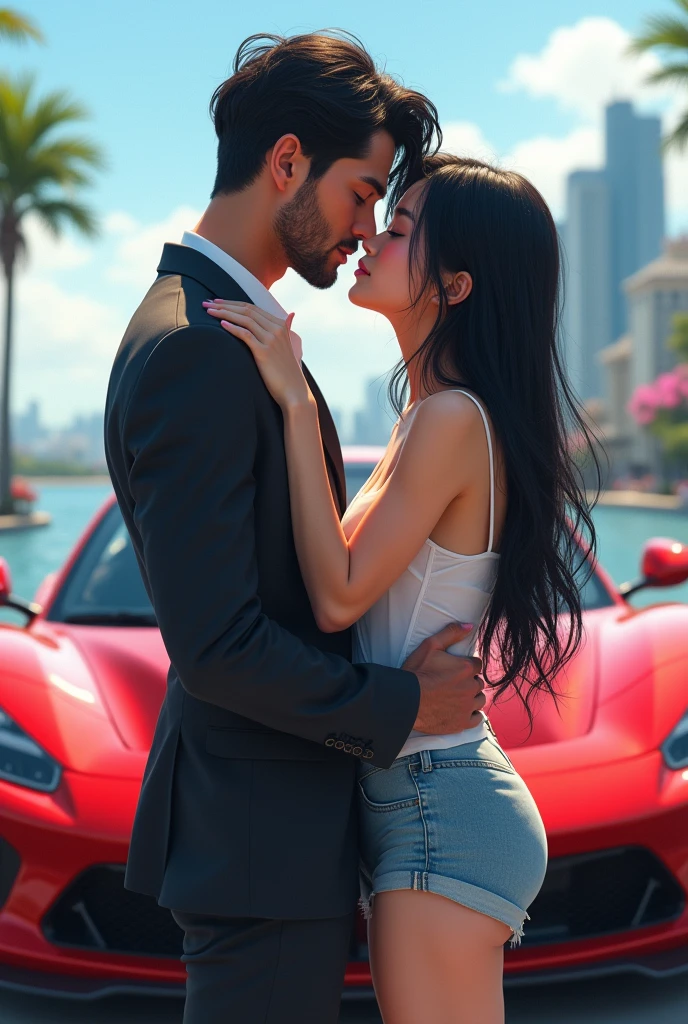 "A Korean girl with long black hair, Wearing a pure white transparent fishing vest and denim shorts, in a bustling seaside city. The scene is in ridiculously high resolution, Super sharp details, With stunning 8K picture quality. The art is a true masterpiece, Shows Korean girl kissing her boyfriend " 1 American man in Colombia, stark, ((muscular and tall)),Youngh, trimmed beard, short black hair cut, in a suit , brown behind a stunning red supercar
