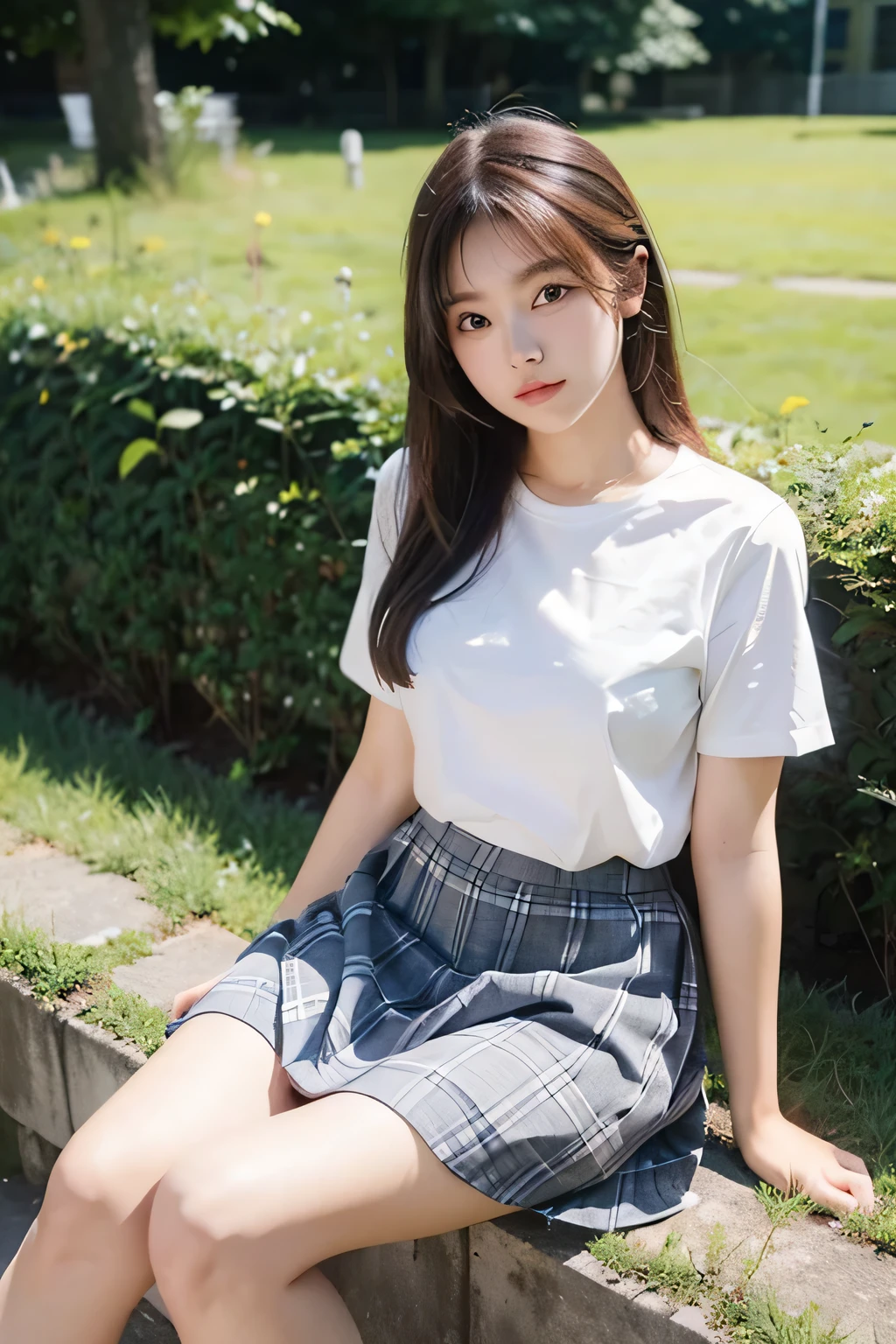 18 year old high school girl,White short sleeve blouse,Dark grey checked skirt、A beautiful grassy embankment,Sitting