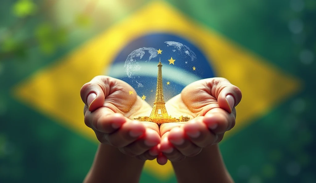 A blurred Brazilian flag in the background, painted style, and an image representing the education we want is in our hands. 