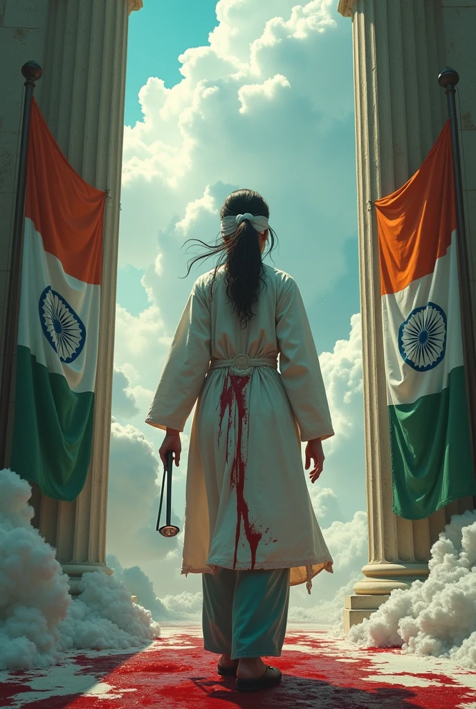 Female doctor wearing doctor's apron with stethoscope asking for justice symbol holding on one hand, stethoscope in another hand, afraid and crying(blind fold) infront of heaven door(typical cloudy and shiny heaven door) show her back side include indian tricolour flag. make it natural looking and tear her clothes like she got into road accident bleeding all over, Include indian tricolour flag
Make both the flags indian tricolour flag