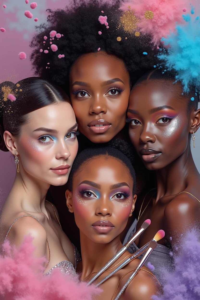 Create an image featuring three or four diverse faces of different ethnicities, each showcasing makeup designs that strike a balance between social elegance and creative flair. The makeup should be sophisticated with a touch of creativity, using a mix of soft, neutral tones like nude and pink, enhanced by subtle pops of color or artistic elements such as a soft shimmer, a bold eyeliner, or a delicate pattern. The background should be composed of vibrant powdery color splashes, like pink, blue, purple, and gold, creating a dynamic and artistic backdrop. Surround the faces with makeup tools like brushes and palettes, arranged in a way that emphasizes both creativity and professionalism. Focus entirely on the visual elements, without any text.