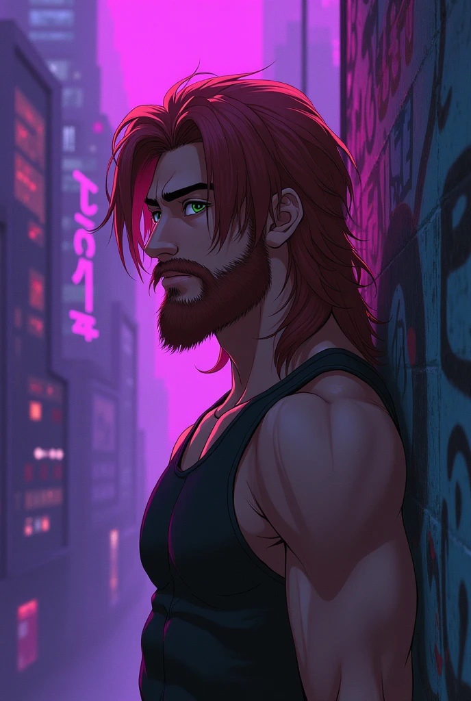 Half side character, mascle, boy, , medium beard, red brown hair, greeneyes, long hair, Calm. wise, background with neon purple graffiti, utopian city, Surrealism, minimalism, Expressionism, anime styling, projected shadow, film grain, vignette, silhuette, 1080P, anatomically correcte