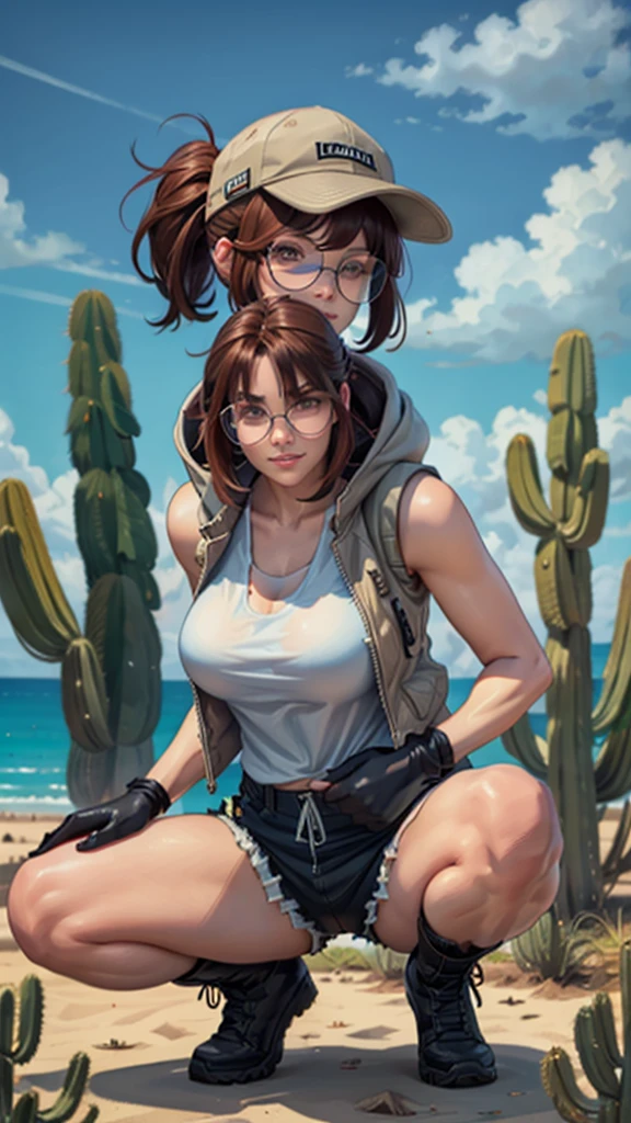 fio germi, shades, dark hair, twin ponytail, hat, hoodie vest, white tanktop, gloves, shorts, boots, kneepads, looking at viewer, serious, smirk, squatting, spreading legs, showing pussy line ,outside, ocean, holding a knife, cactus, blue sky, extreme detail, masterpiece, 