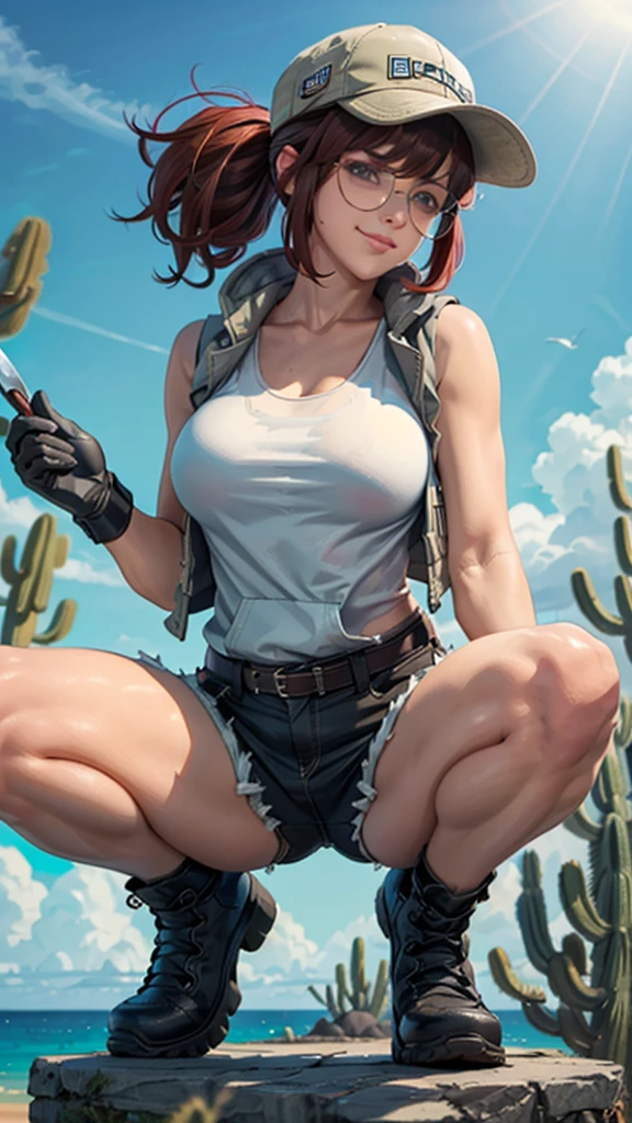 fio germi, shades, dark hair, twin ponytail, hat, hoodie vest, white tanktop, gloves, shorts, boots, kneepads, looking at viewer, serious, smirk, squatting, spreading legs, showing pussy line ,outside, ocean, holding a knife, cactus, blue sky, extreme detail, masterpiece, 