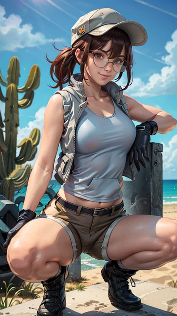 fio germi, shades, dark hair, twin ponytail, hat, hoodie vest, white tanktop, gloves, shorts, boots, kneepads, looking at viewer, serious, smirk, squatting, spreading legs, showing pussy line ,outside, ocean, holding a knife, cactus, blue sky, extreme detail, masterpiece, 