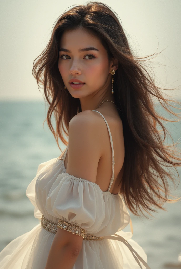 generate a full body image of a beautiful woman with light eyes and straight hair