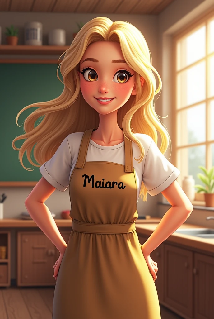 blonde hair
White
Light brown eyes
Teacher
Apron with the name Maiara